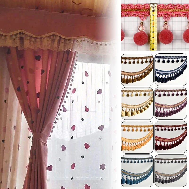 ruban décoratif boho chic pompons boules peluche bleu rouge orange noir rose 100cm