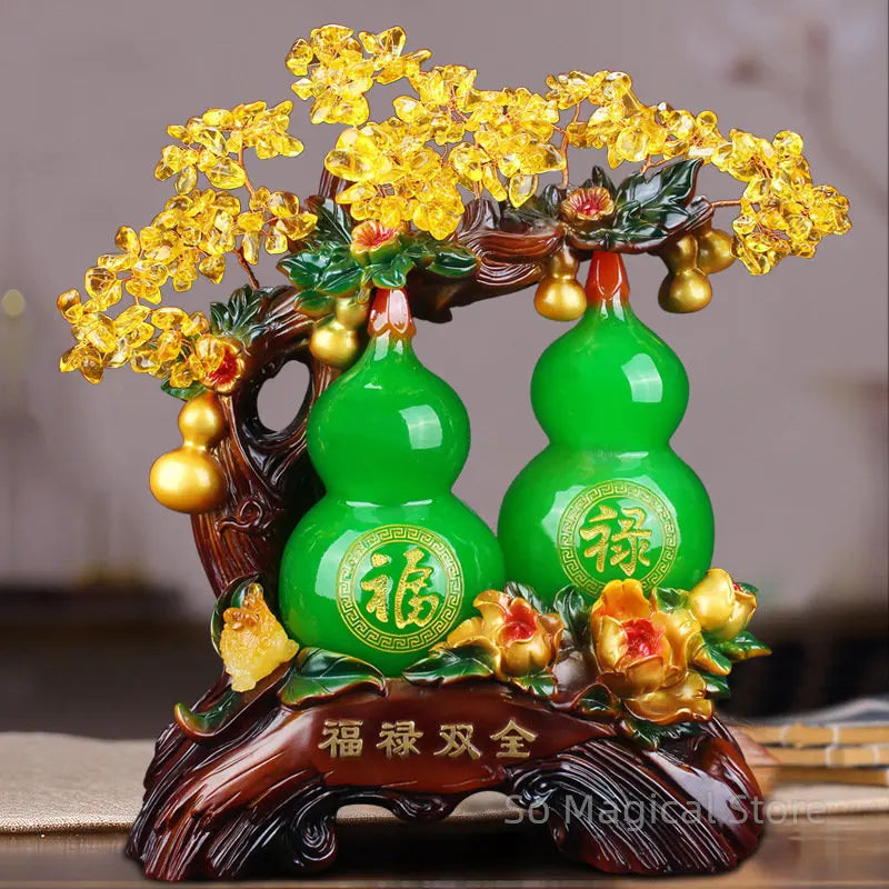 décoration chinoise gourdes sculptées feuilles cristal inscriptions traditionnelles verte rouge maison feng shui