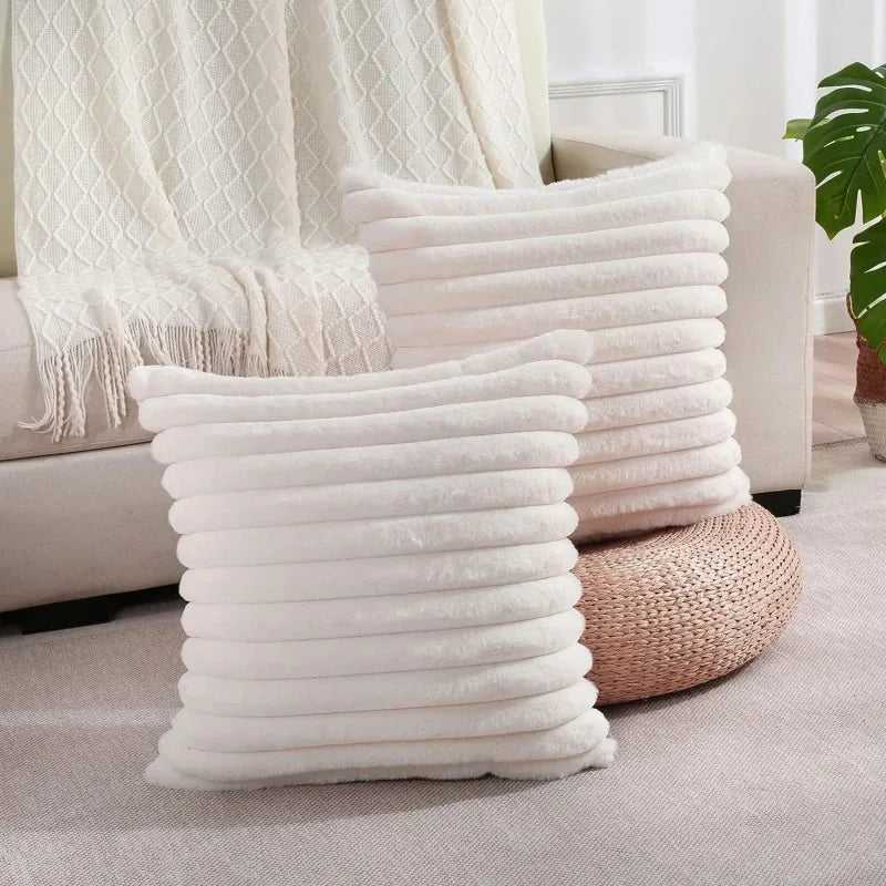housse coussin carrée fausse fourrure polyester coton rayures horizontales teint uni beige gris rose