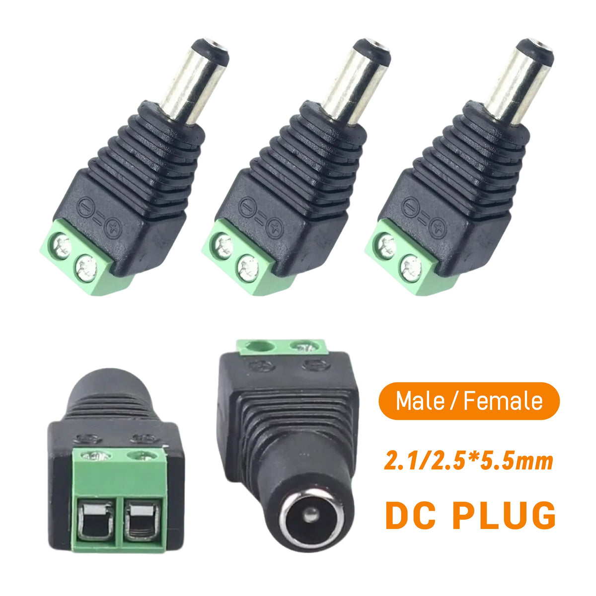 connecteur dc noir vert texturé industriel 5.5mm 2.1mm 2.5mm basse tension fixations visées surveillance