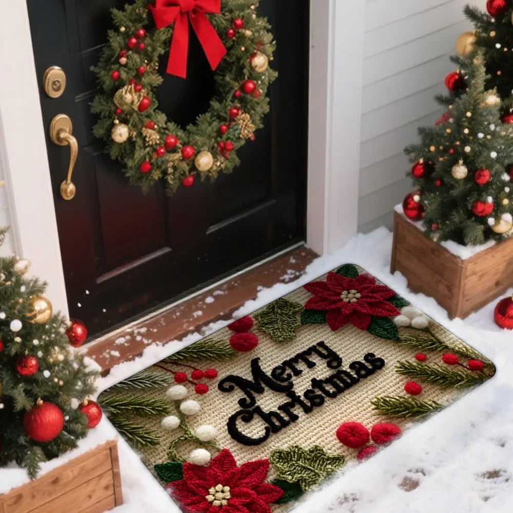 tapis sol noël motifs décoration rouge vert blanc antidérapant festive classique bienvenue merrychristmas