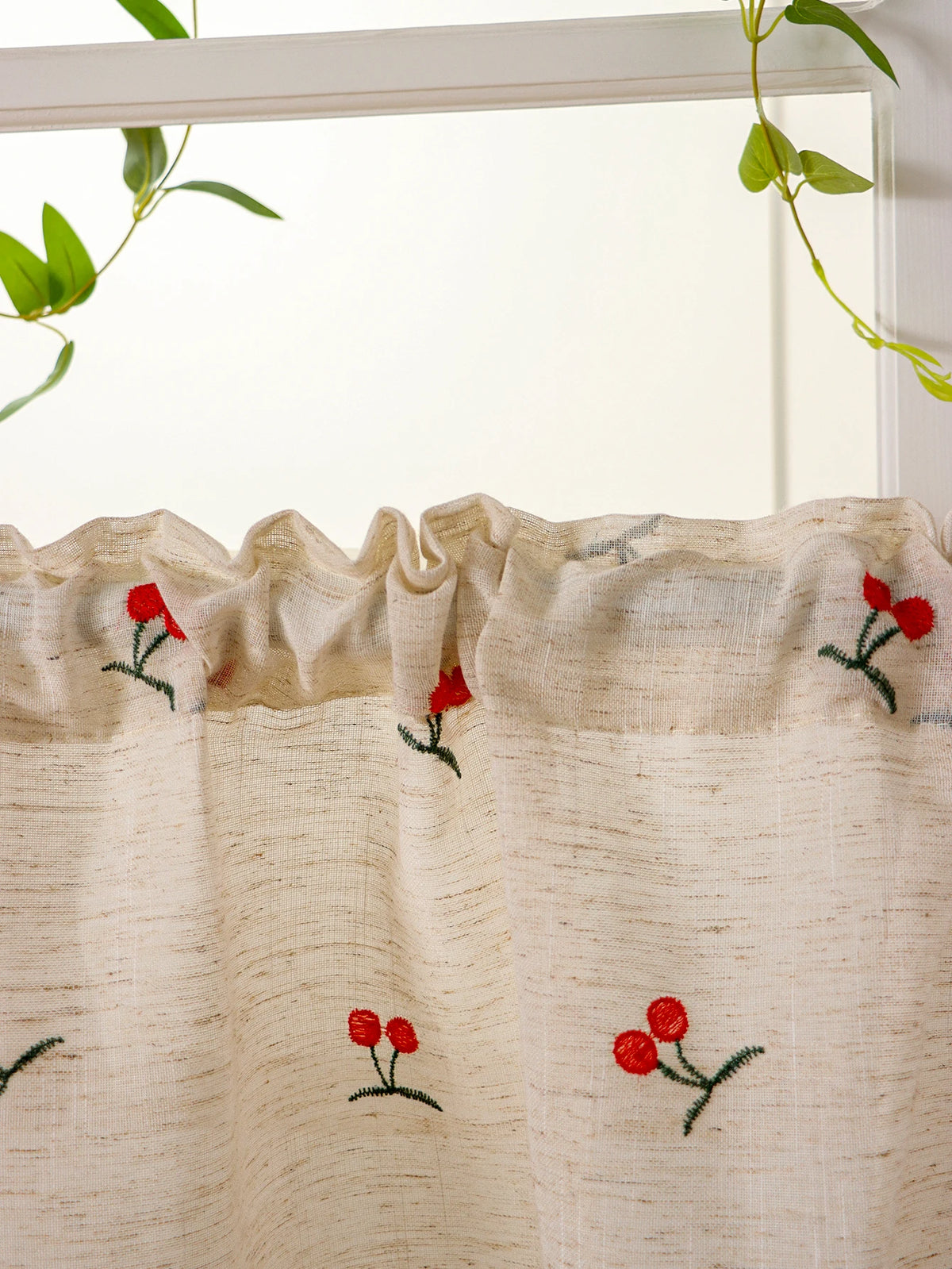 rideau lin brodé fleurs rouge vert beiges opaques tassels chambre cuisine 100x60cm 150x60cm 180x60cm