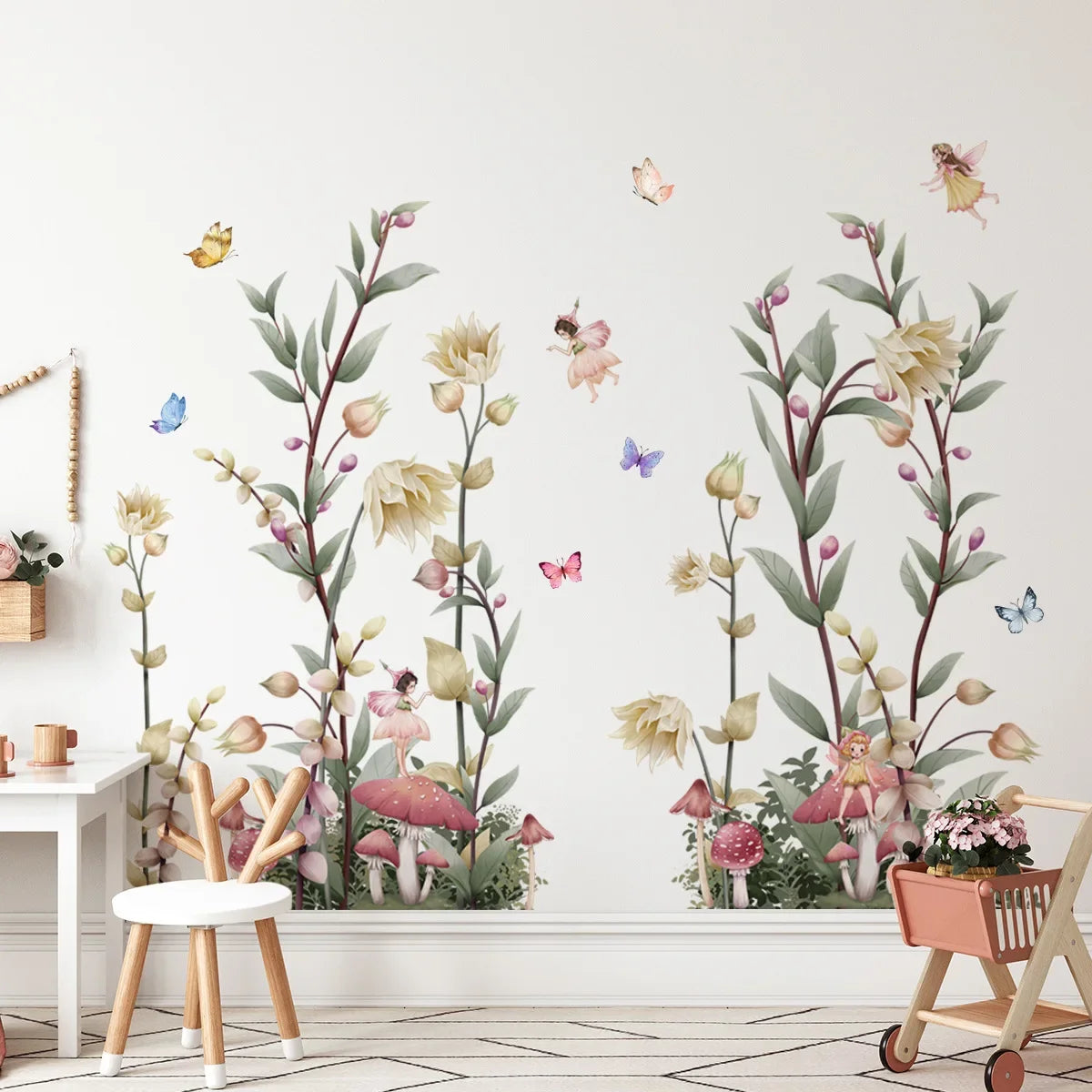 stickers muraux fleurs papillons fées champignons adhésifs pvc opaques vert beige rose blanc bleu