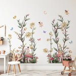 stickers muraux fleurs papillons fées champignons adhésifs pvc opaques vert beige rose blanc bleu