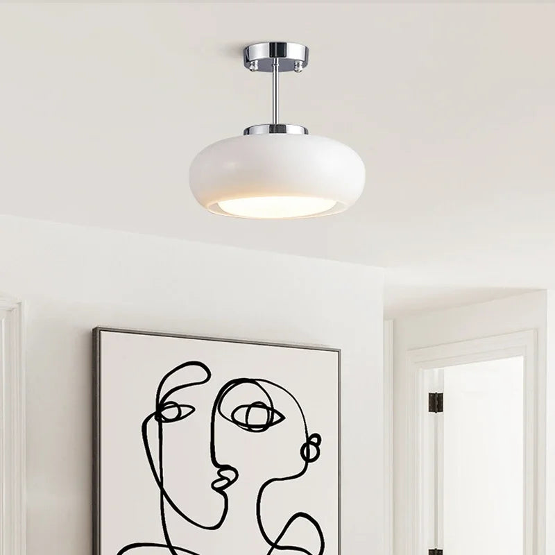 lampe suspendue moderne or blanc brillante verre opaque 28cm diamètre
