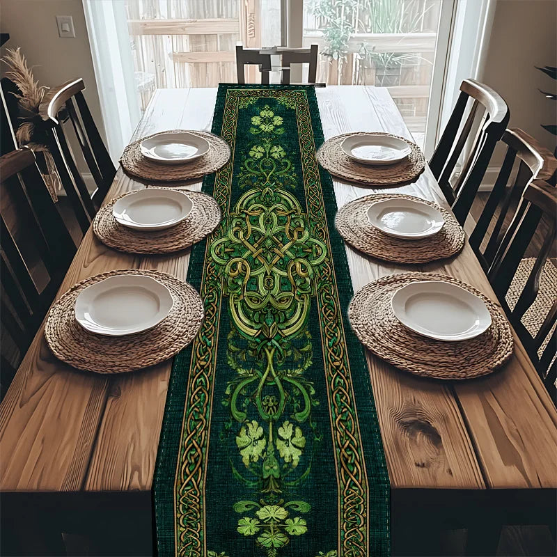 nappe lin trèfles celtiques motifs végétaux vert or festive table decoration durable