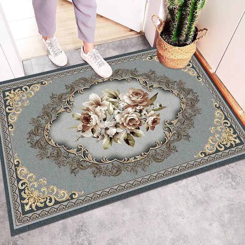 tapis sol classique motif fleurs baroque gris bleu rouge décoration maison vintage