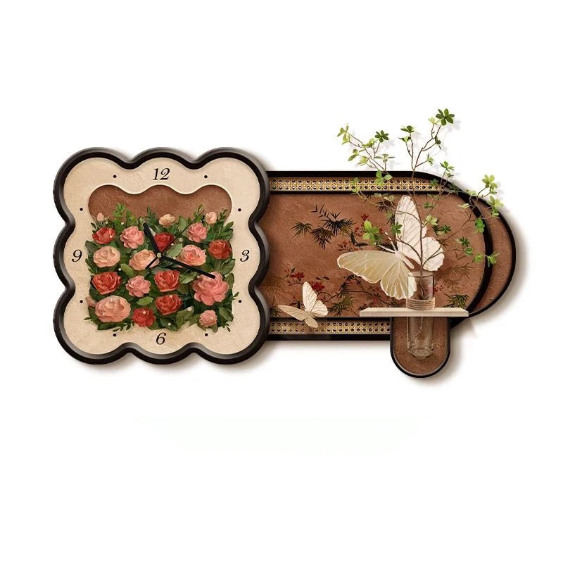horloge murale fleurs oiseaux vintage romantique vase inclusion adhésif salon decoration