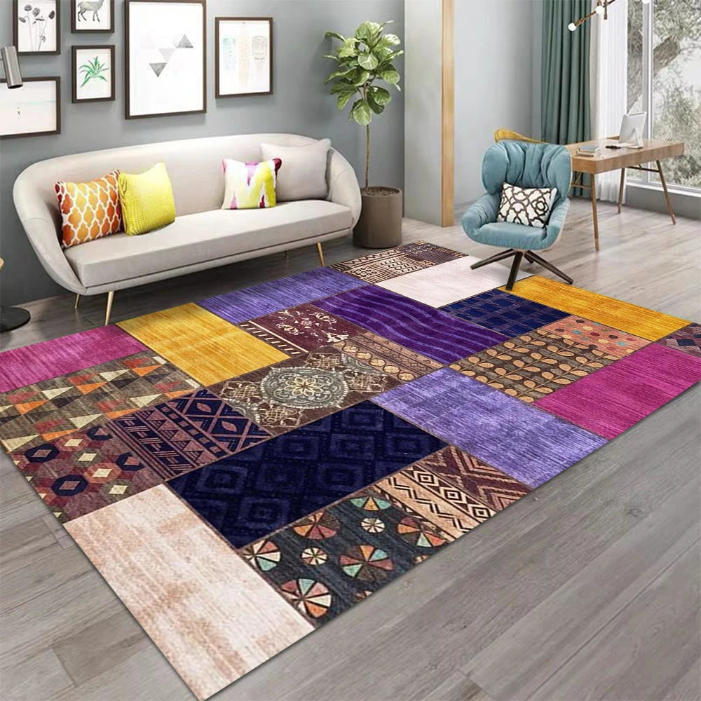 tapis boho ethnique géométrique moderne polypropylène polyester patchwork rouge marron noir beige bleuextérieur chambre