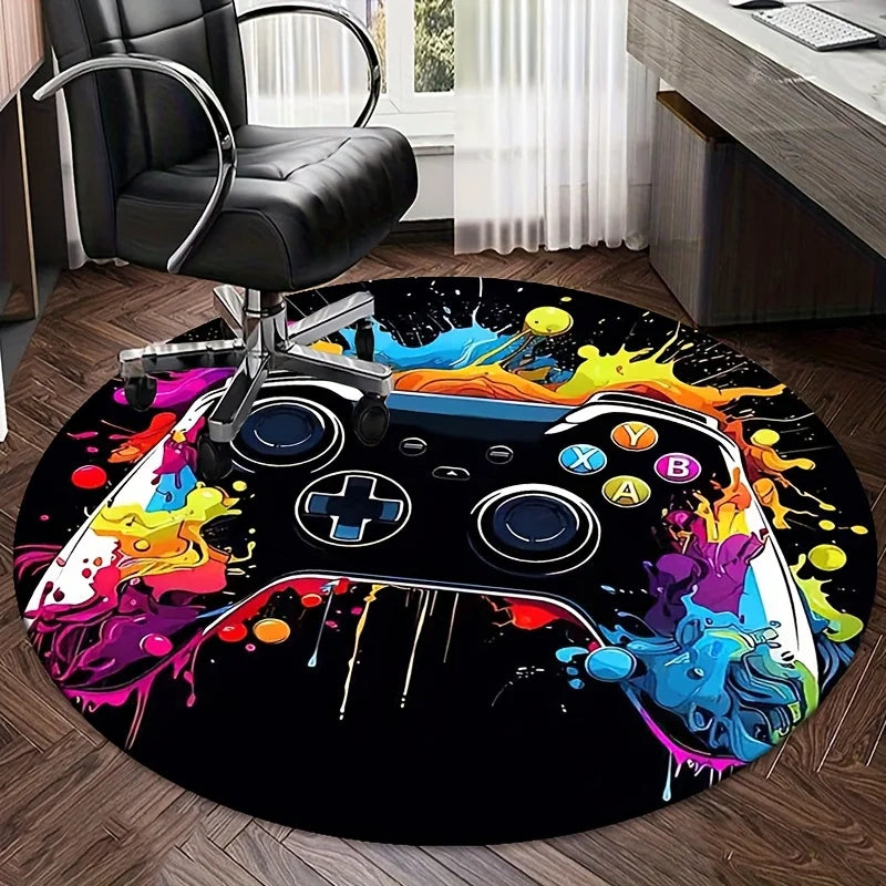 tapis rond imprimé contrôleur jeu coloré moderne polypropylène noir rouge bleu jaune vert salon