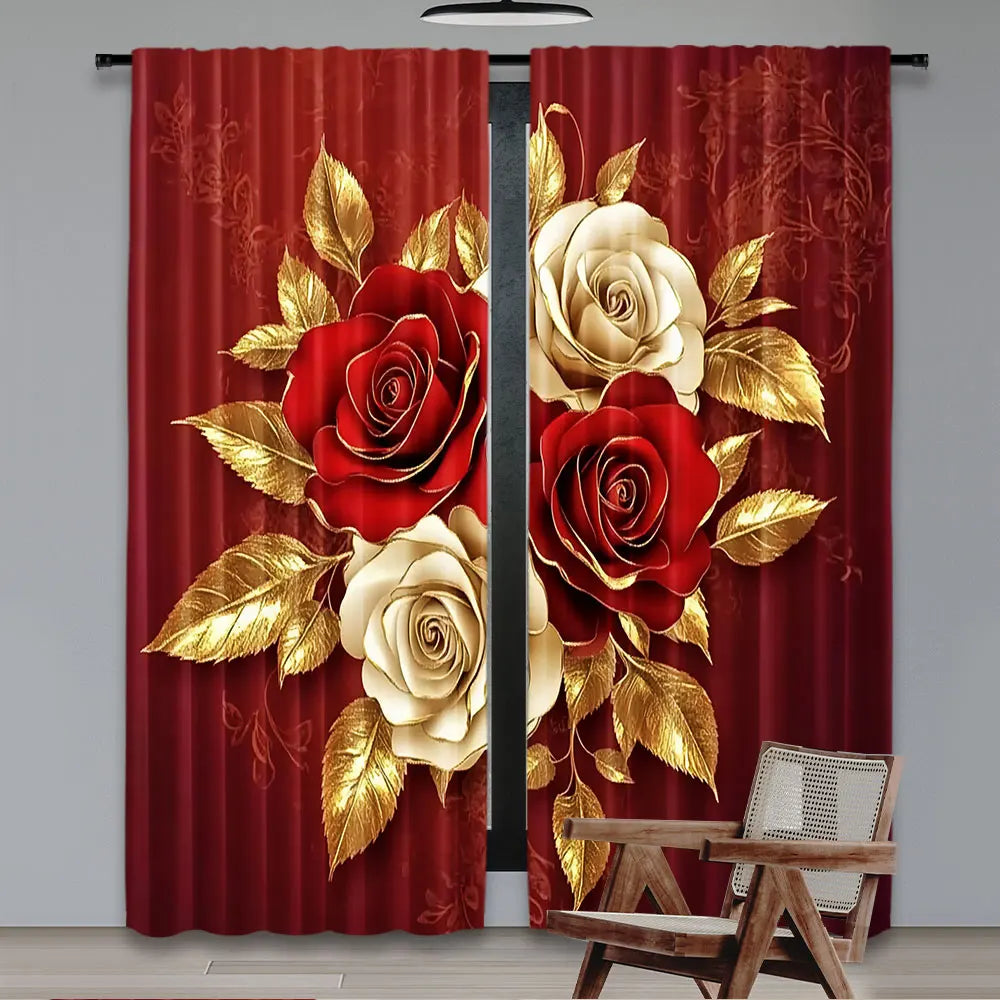 rideau moderne rouge doré roses feuilles polyester opaque deux panneaux
