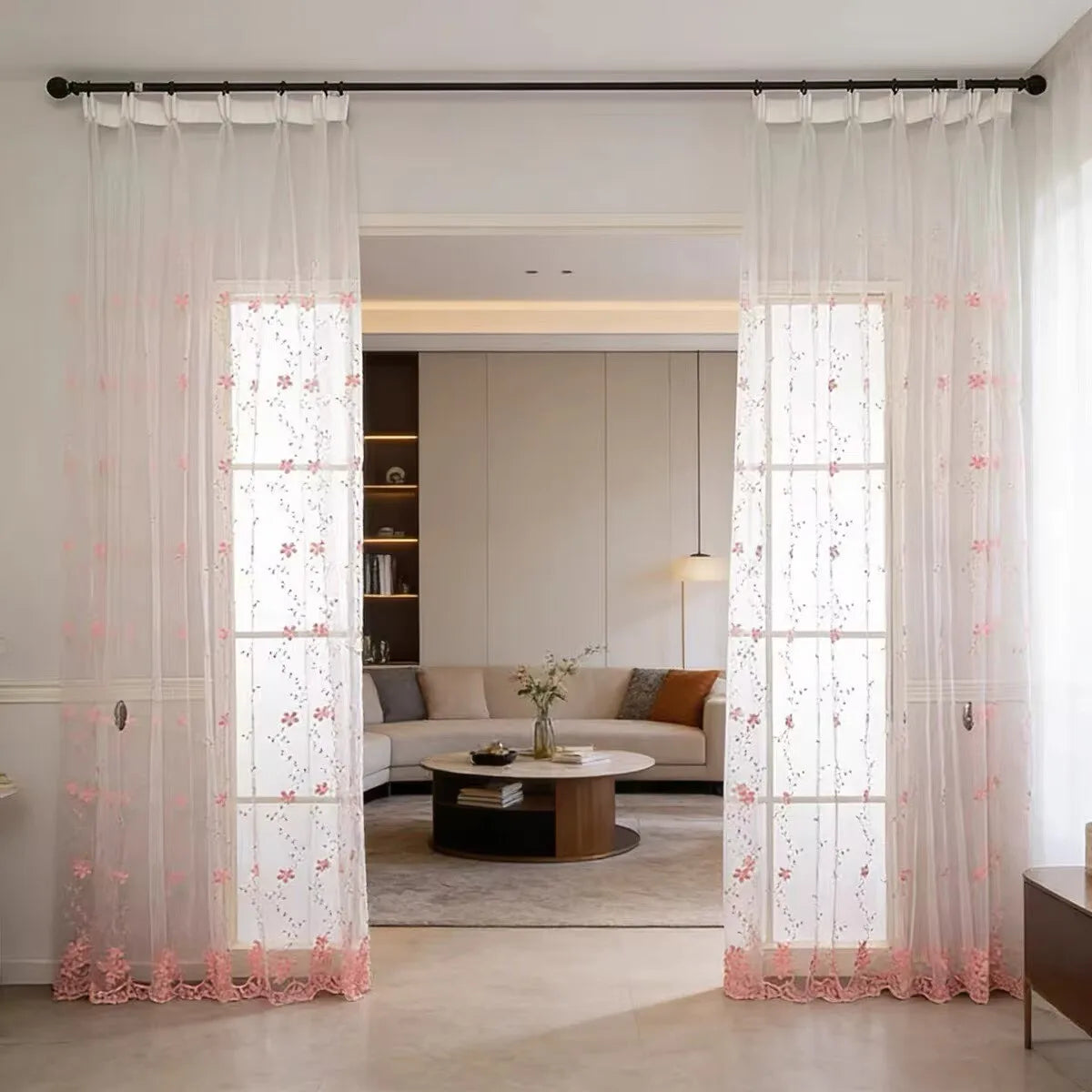 rideau brodé fleurs rose blanc translucide pastoral chambre salonhôtel