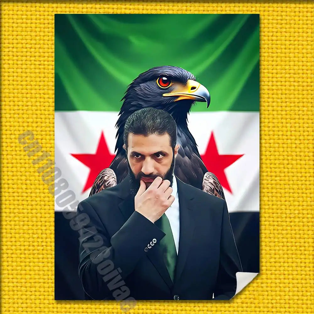 poster drapeau syrien oiseau architecture texte arabe moderne adhésif noir vert blanc rouge jaune