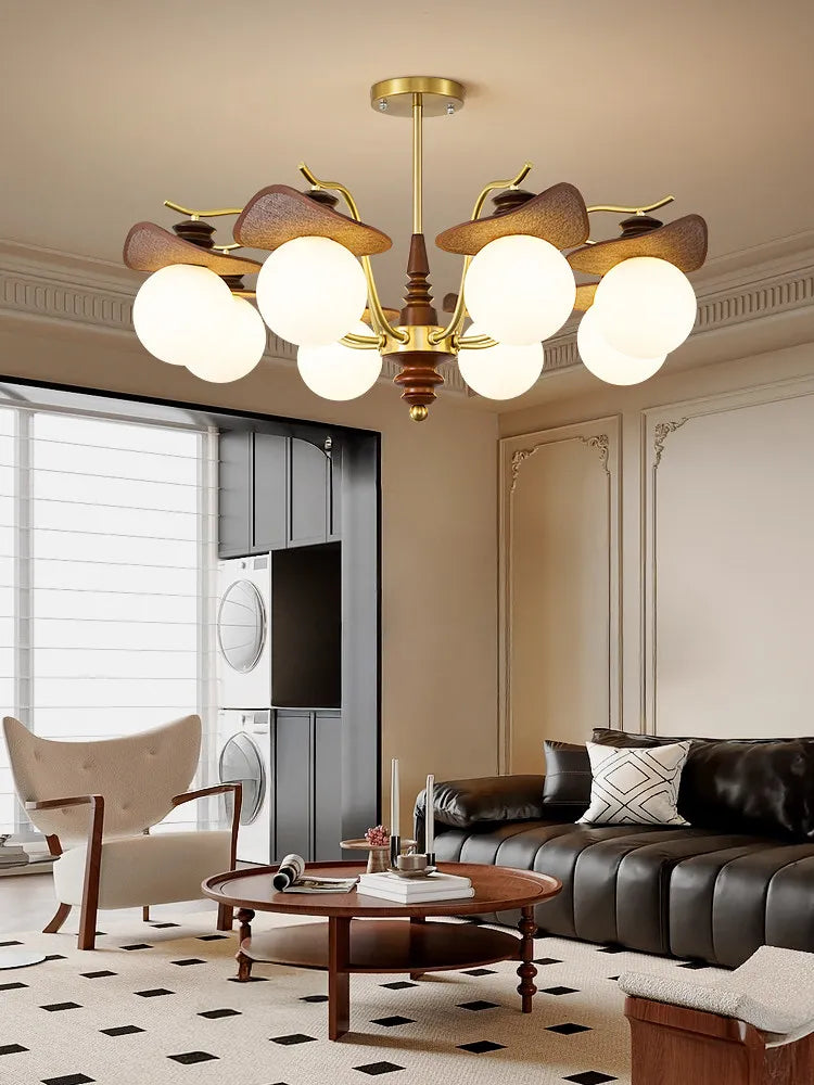 lampe suspendue or classique bois foncé tête translucide led salon chambre
