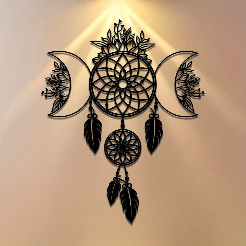 décoration murale artisanale attrape rêves métal noir géométrique motifs floraux bohème salon chambre