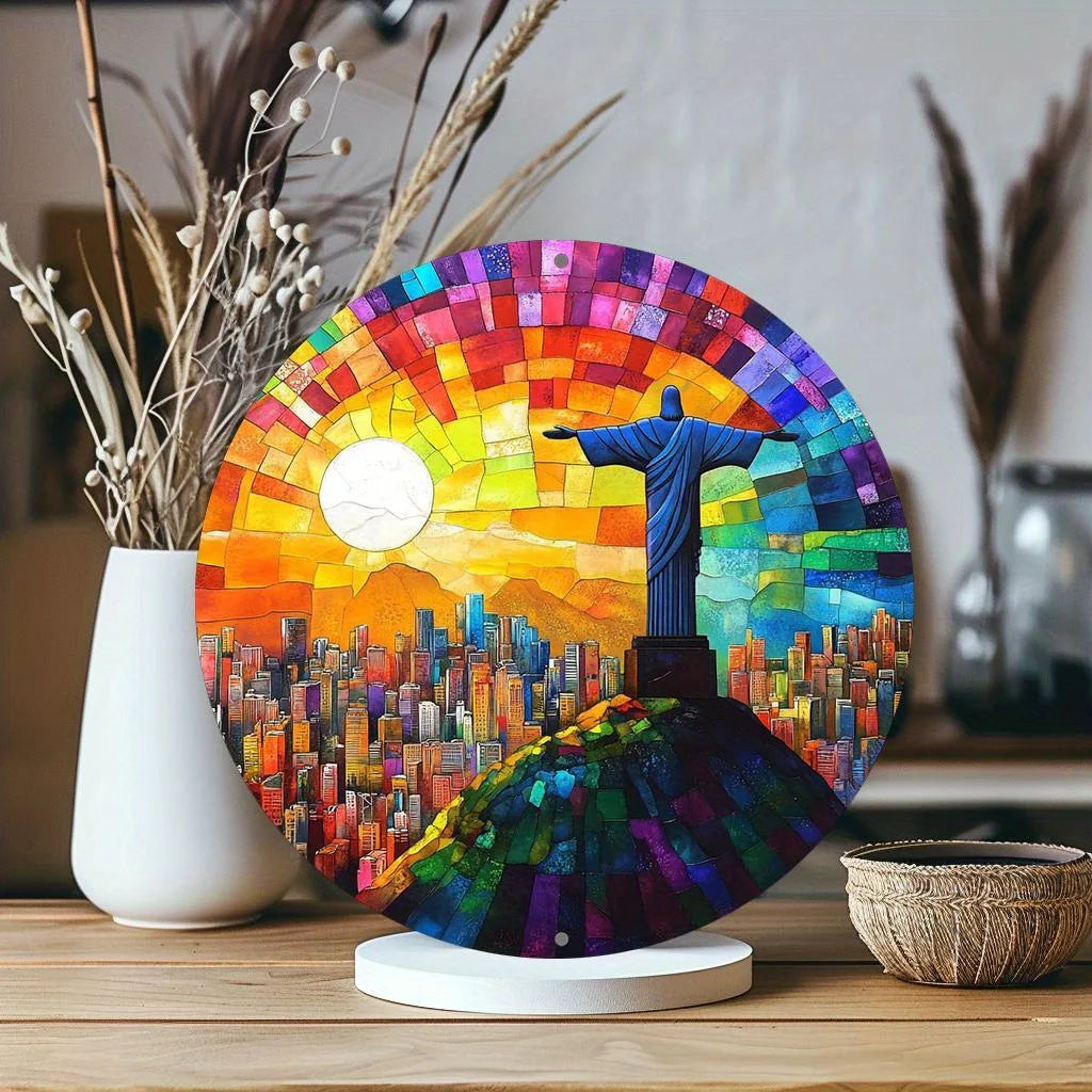 plaque décorative mosaïque multicolore christ redempteur soleil montagnes gratte ciels métal moderne 20cm