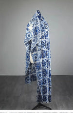 écharpe ethnique patchwork floral géométrique bleu gris blanc opaque traditionnelle française