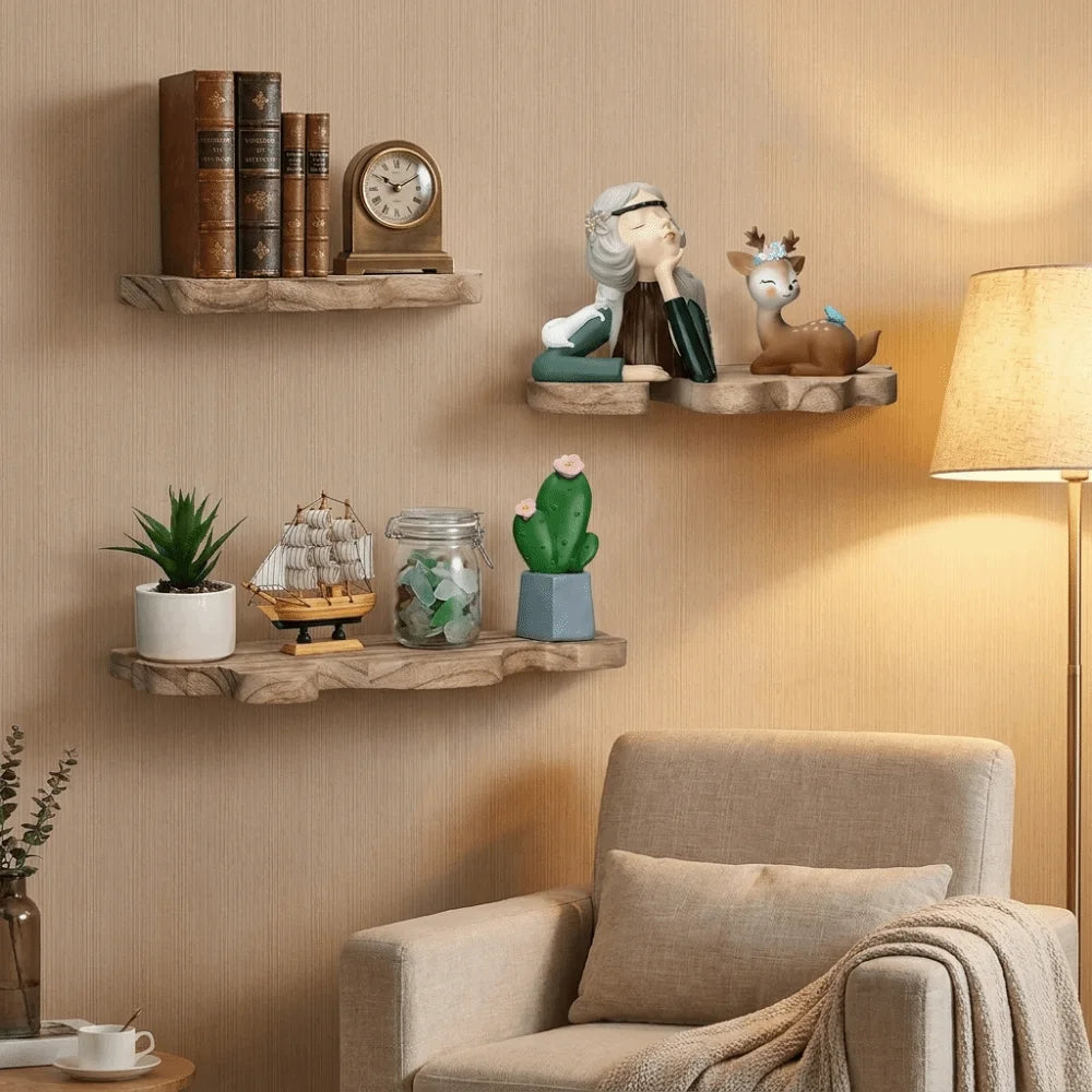 étagères murales bois naturel rustique moderne plante artificielle livre horloge photo figurine vase lampe