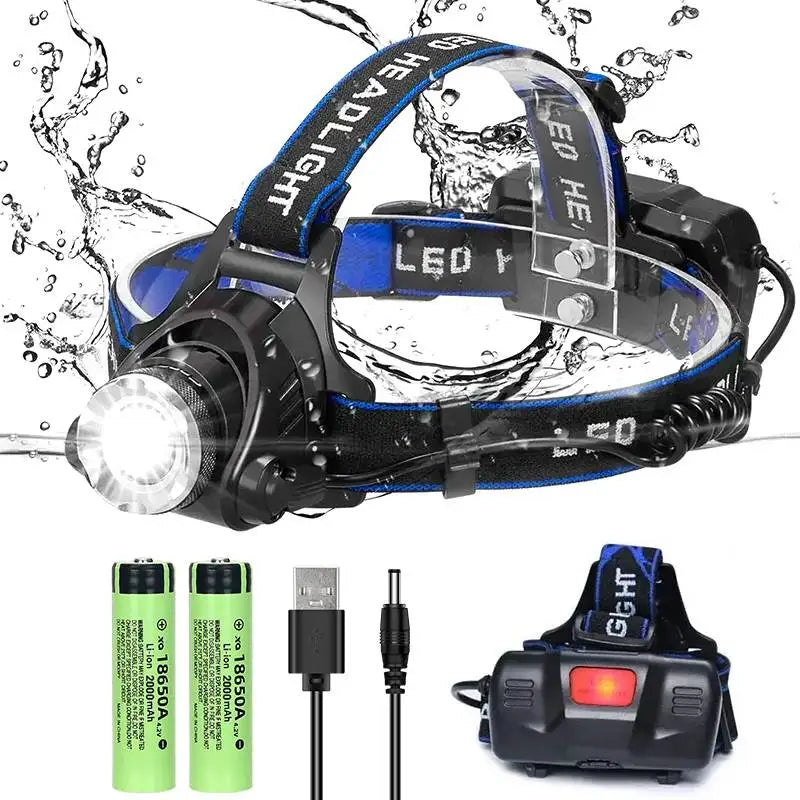lampe frontale rechargeable noir bleu camouflage bande ajustable mode emergency haut moyen bas clicable