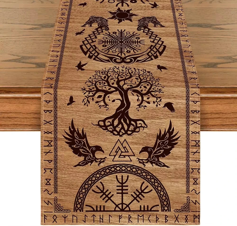 drapeau table artisanal nordique motifs corbeaux arbre vie brunclair festive halloween noël mariage coachella