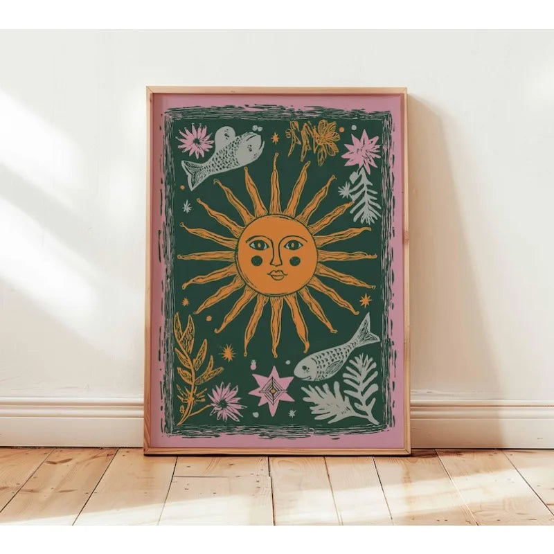 affiche abstraite soleil lune bohème art mural moderne salon chambre verte dorée roseclair floral