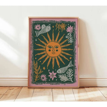 affiche abstraite soleil lune bohème art mural moderne salon chambre verte dorée roseclair floral