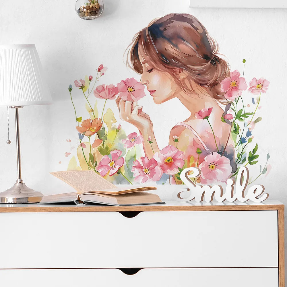 sticker mural fleurs filles peinture aquarelle adhésif moderne chambre rose blanc vert