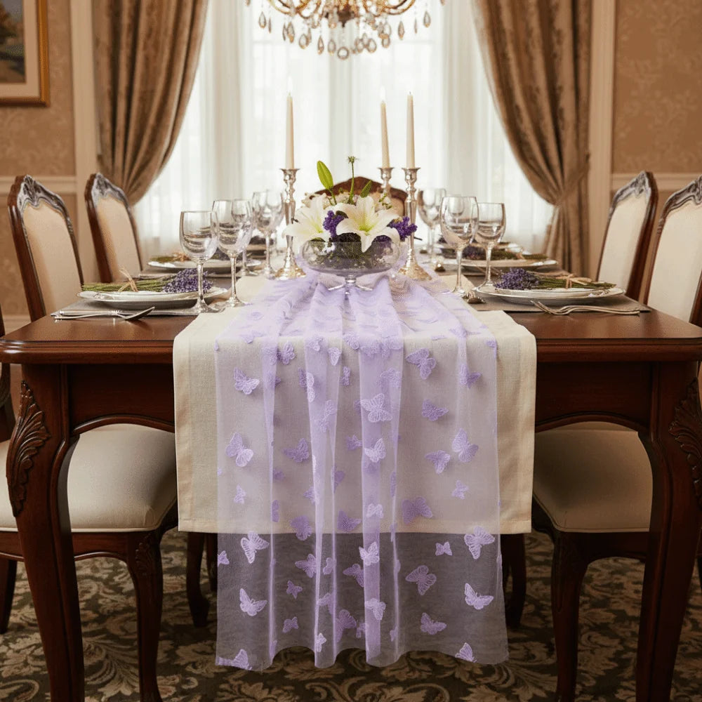 nappe décorative transparente papillons brodés bleu violet rose restaurant mariage fête festive