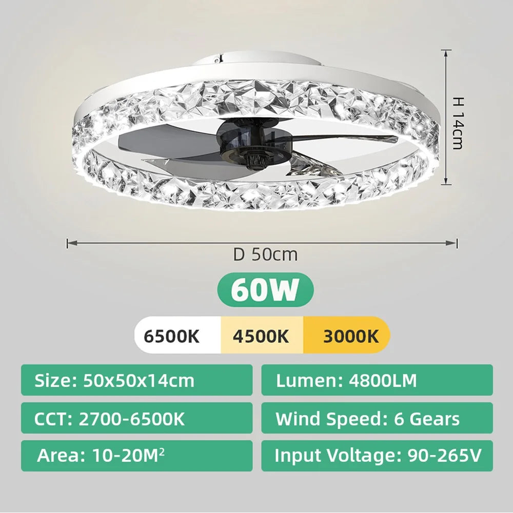 ventilateur plafonnier moderne lumière led multiple vitesses silencieux timer cristal blanc noir vert