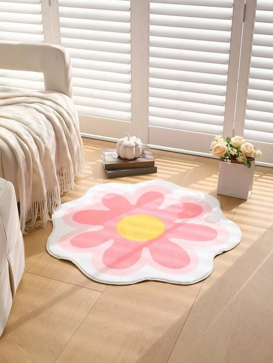 tapis fleur stylisé moderne rose blanc jaune antidérapant imperméable extérieur intérieur