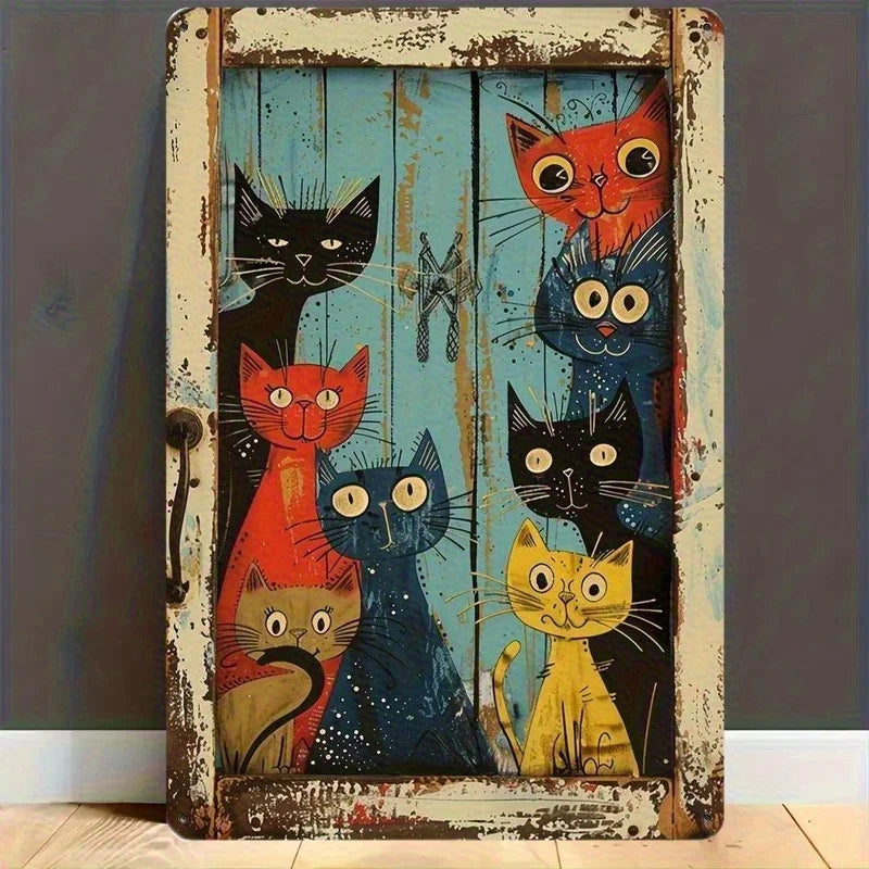 décoration murale vintage plaque chats multicolore bordures arrondies suspension trous fond bleu robuste métal