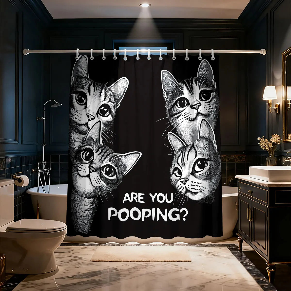 rideau douche graphique chatons humour noir gris opacité salle bain classique