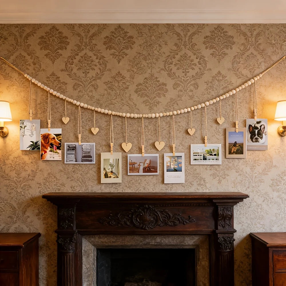 guirlande bois photos suspendues cœurs pinces rustic bohème décoration mur