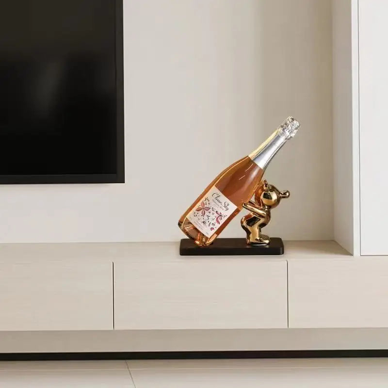 présentoir bouteille ours argenté doré moderne décoration noël vin champagne étiquette florale