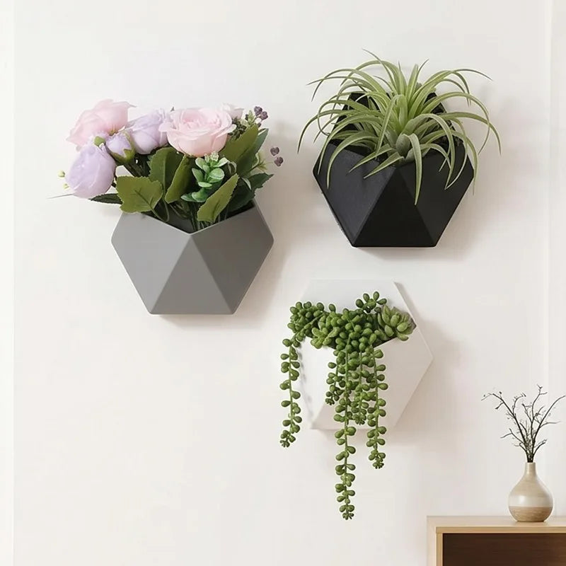 jardinière murale suspendue hexagonale geometrique moderne gris noir blanc vis fixationsintérieur salon balcon entrée