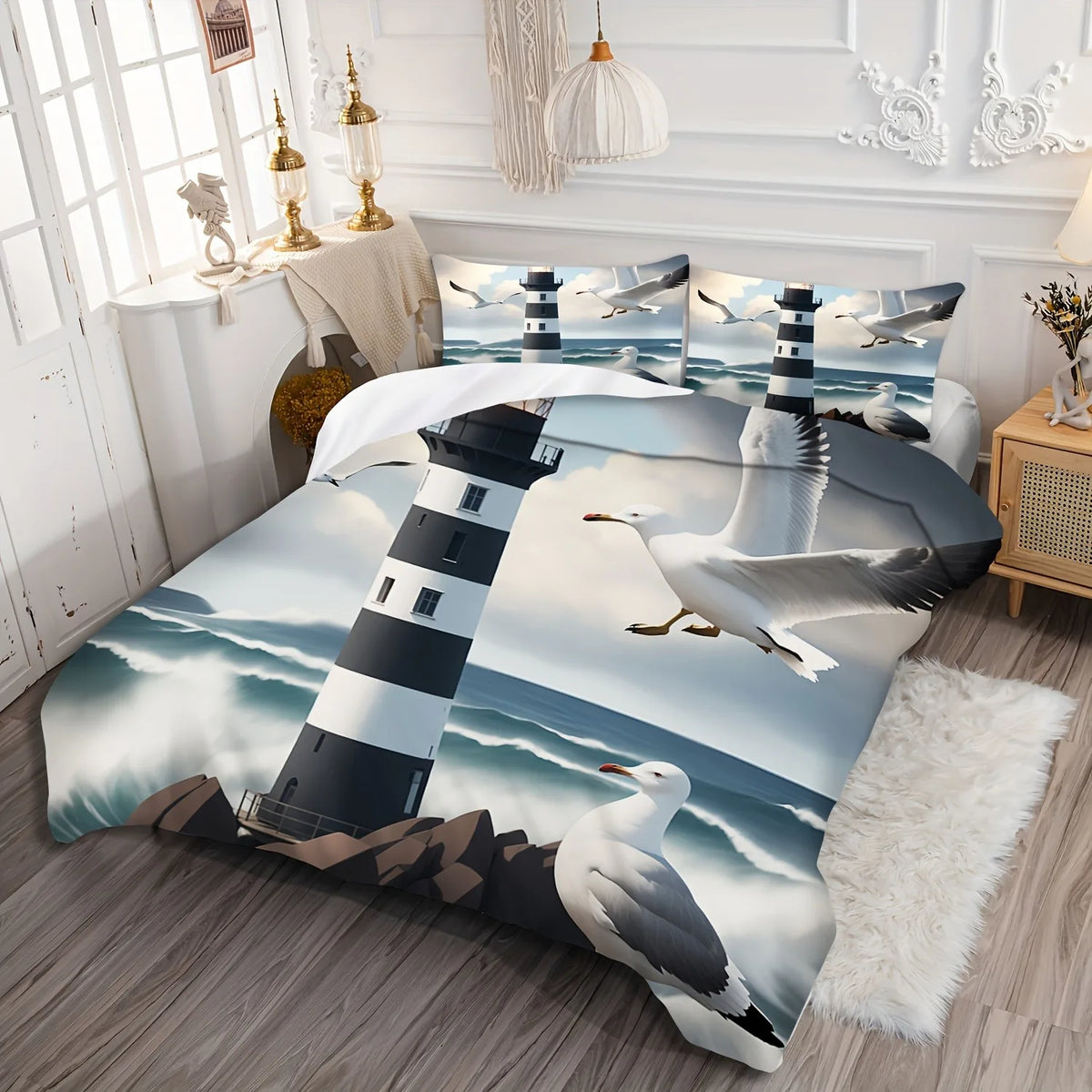 ensemble literie moderne impression phares oiseaux mer nuages noir blanc gris bleu vert beige