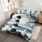 ensemble literie moderne impression phares oiseaux mer nuages noir blanc gris bleu vert beige