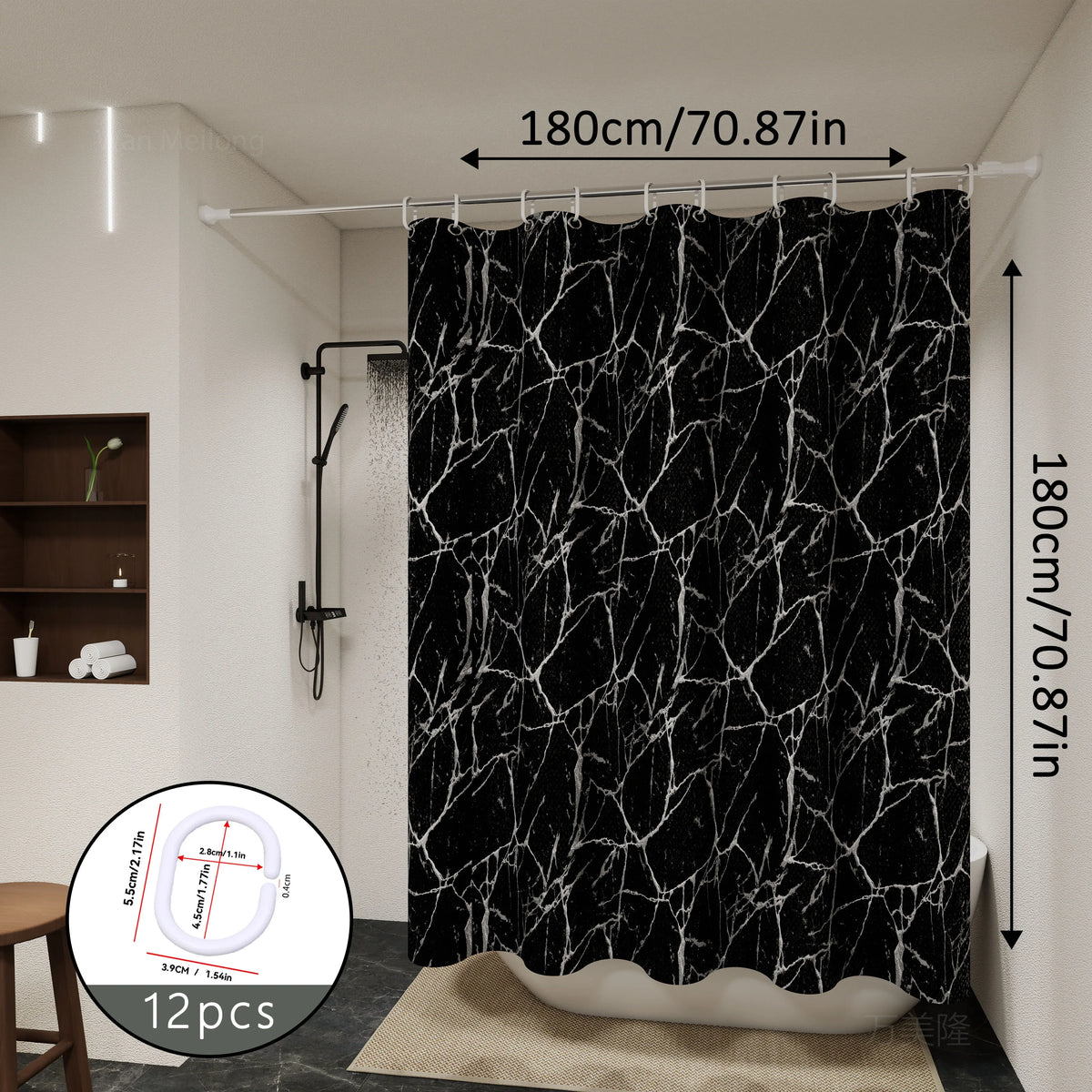 rideau douche moderne noir marbre opalescent respectueux environnement 120cm 180cm