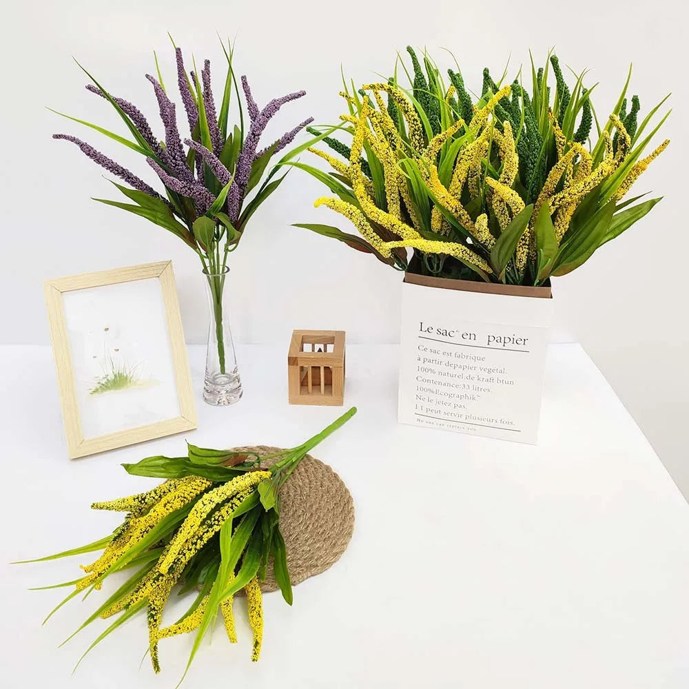bouquet artificiel violet jaune vert feuilles fines fleurs graines moderne minimaliste décoration intérieure chambre