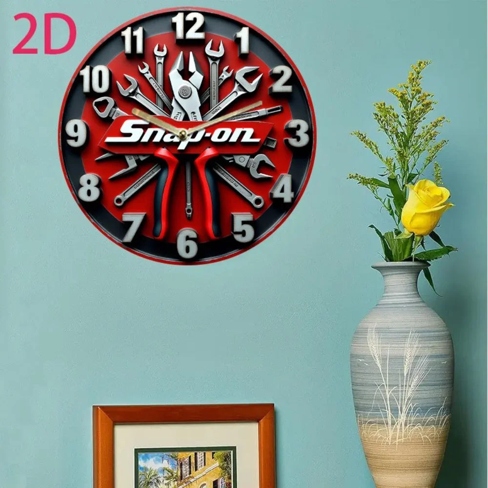 horloge murale industrielle outils clés rouge 3d métal brossé fleurs jaunes vase