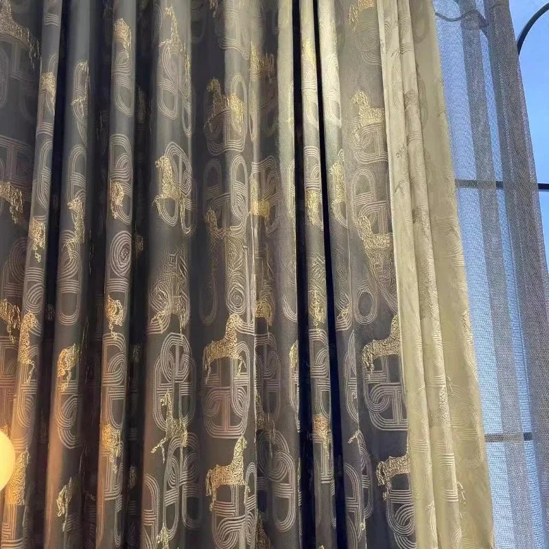 rideau translucide moderne motif cheval doré gris beige salon chambre fenêtre maison élégant