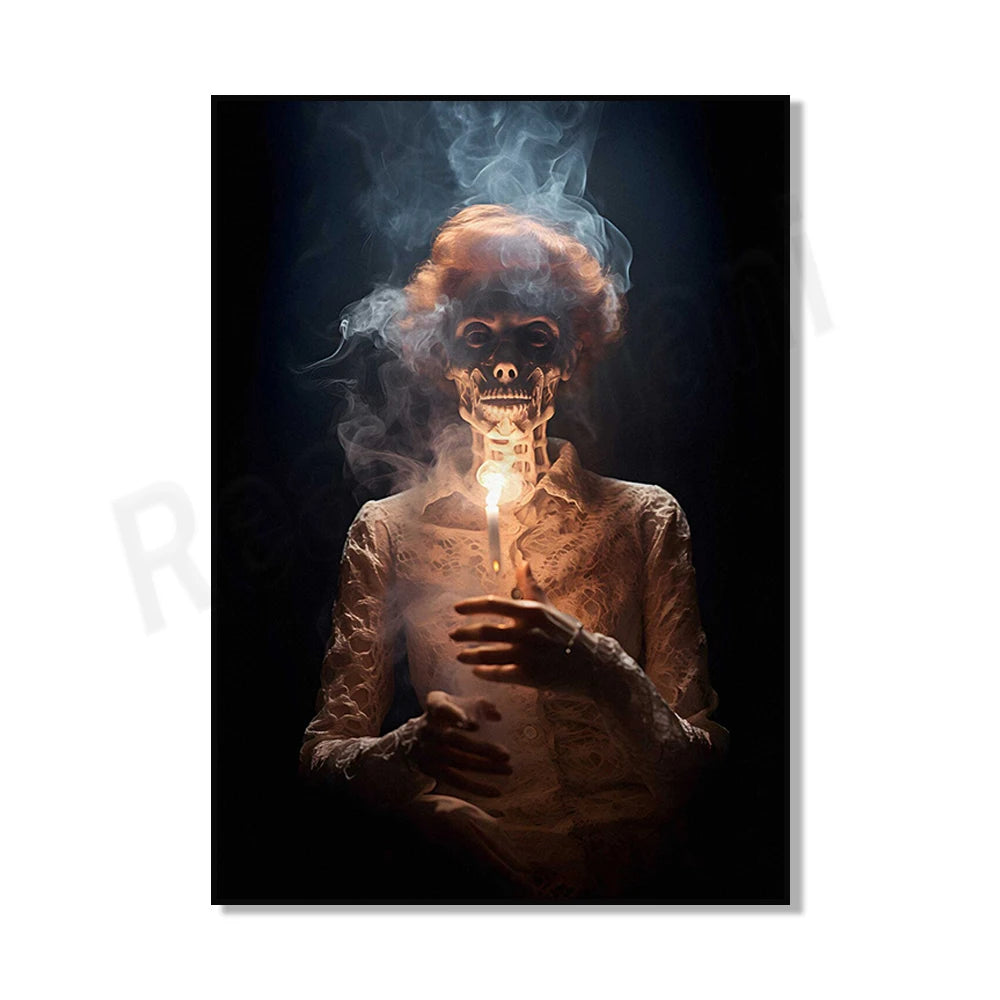 Une représentation effrayante et surréaliste d'un être squelettique tenant une bougie, entouré d'une fumée mystérieuse.