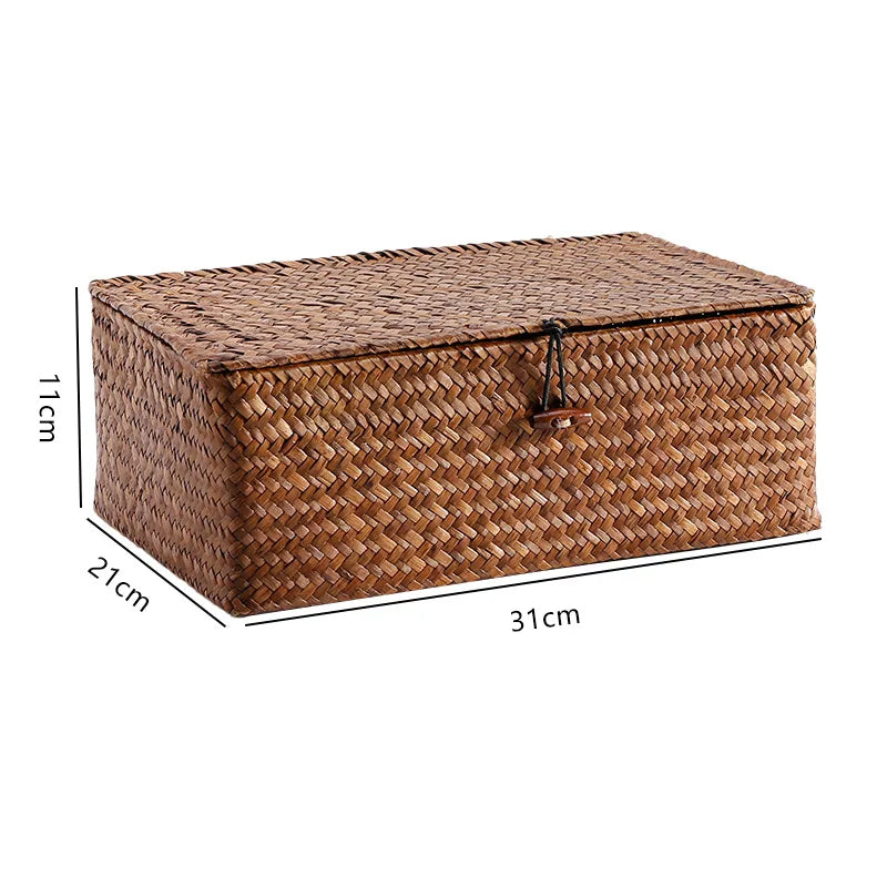 boîtes rangement tissage paille naturelle rustique boucles métalliques respectueux environnement multiple utilisations