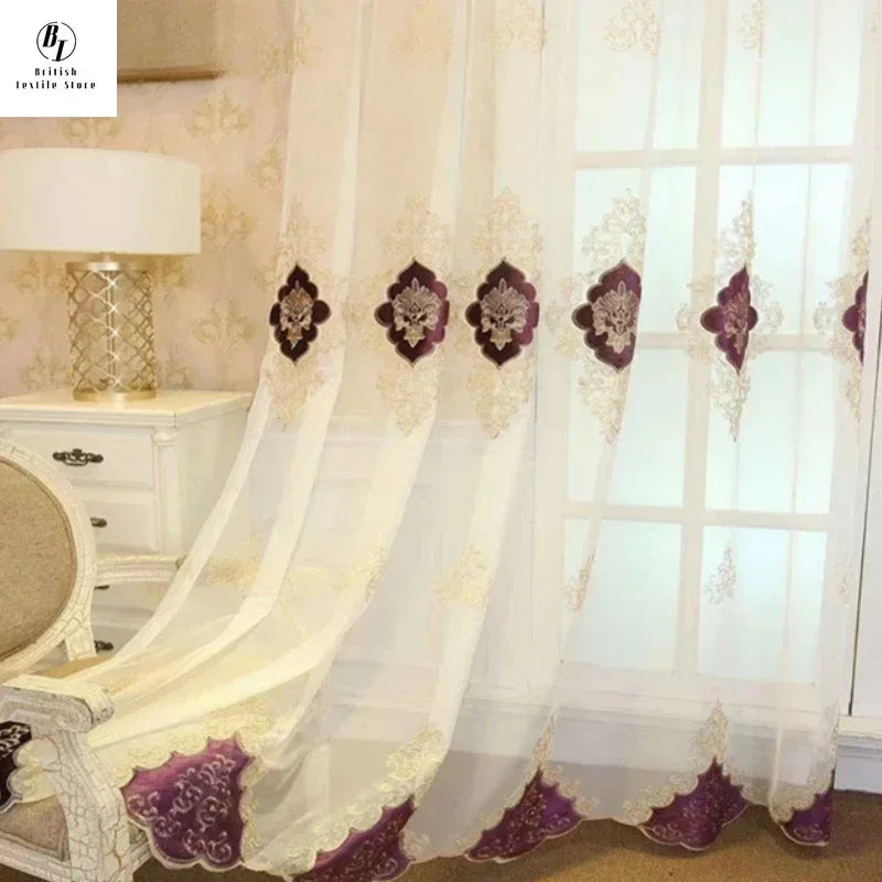 rideaux violet brodés ornements floraux semi transparents classiques maison hospitalité tulle polyester