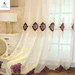rideaux violet brodés ornements floraux semi transparents classiques maison hospitalité tulle polyester