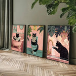 toile d'art moderne illustration chats noirs salle bain noir rose verte toile abstraite décoration