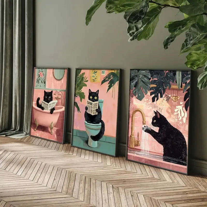 toile d'art moderne illustration chats noirs salle bain noir rose verte toile abstraite décoration