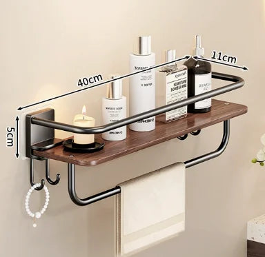 étagère salle bain bois marron foncé moderne fixée mur sans perçage réutilisable multifonctionnelle