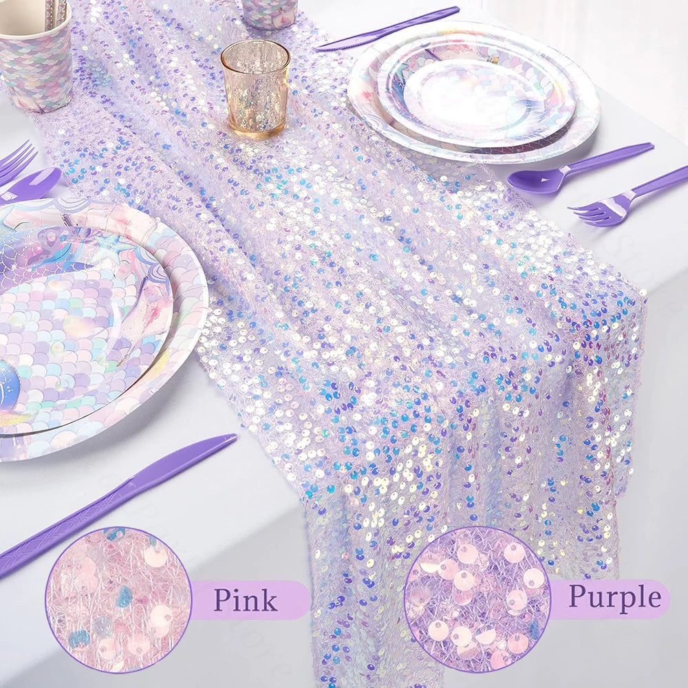 nappes sequins violet rose festives tables deco mariage anniversaire semi transparent tulle sirène