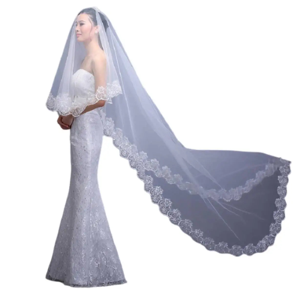 voile mariée classique broderie florale blanc translucide bord appliqué polyester monocouche femme adulte echangement